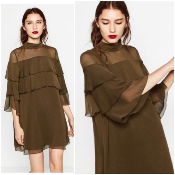 ZARA Green Tiered Ruffle Flowy Shift Dress S - Picture 8 of 9